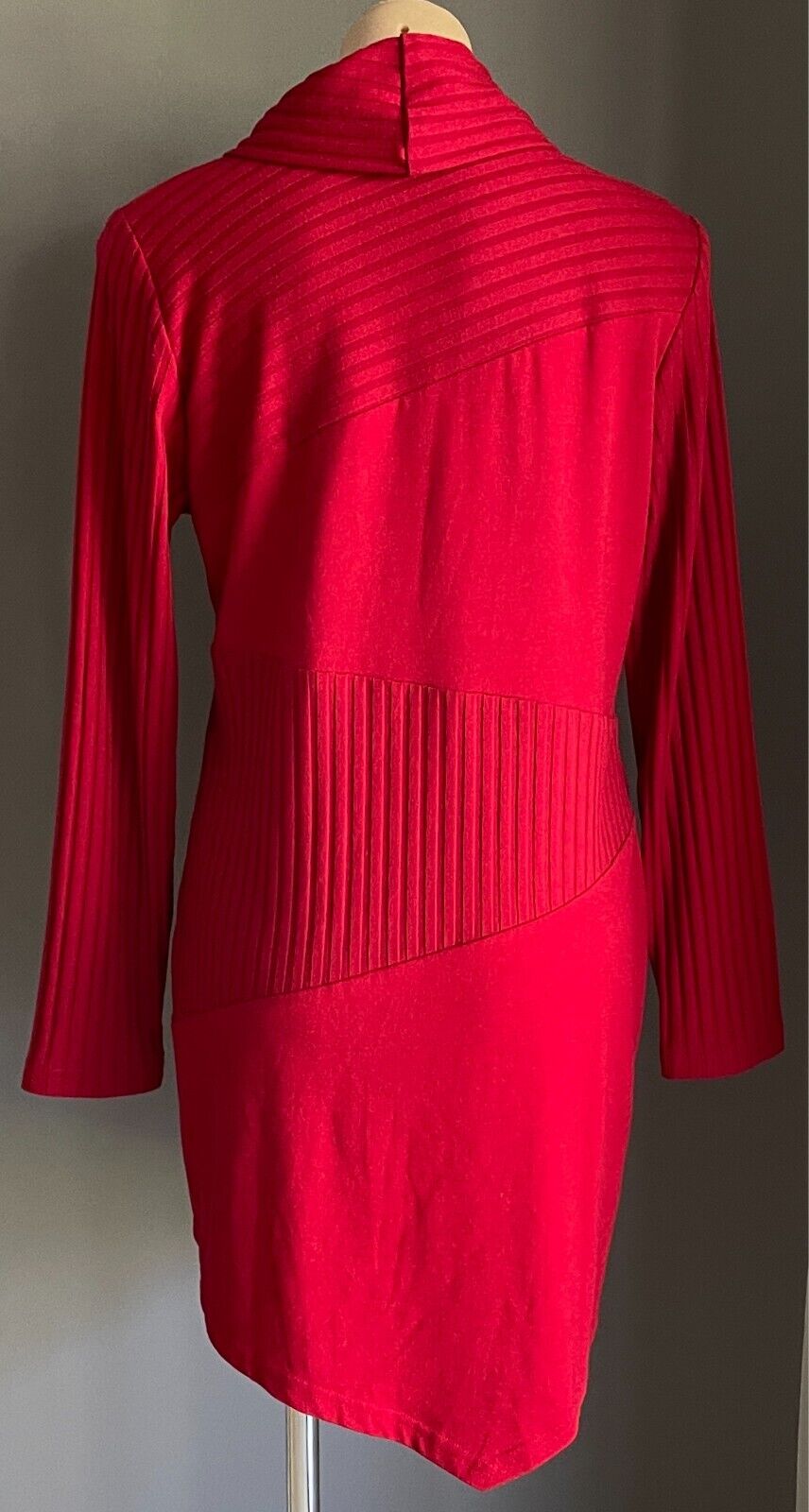 GEOFF BADE Stretch Knit Shift Dress Long Top Size 14 Turtleneck Asymmetric Hem