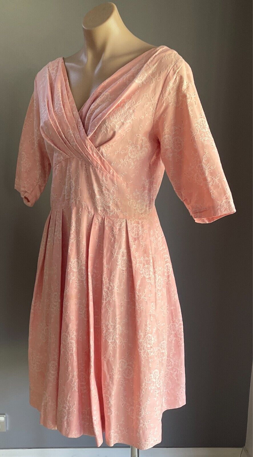 Vintage M BLOCK Pink & White Embroidered Floral 2 Piece Set Dress & Jacket Sz 12
