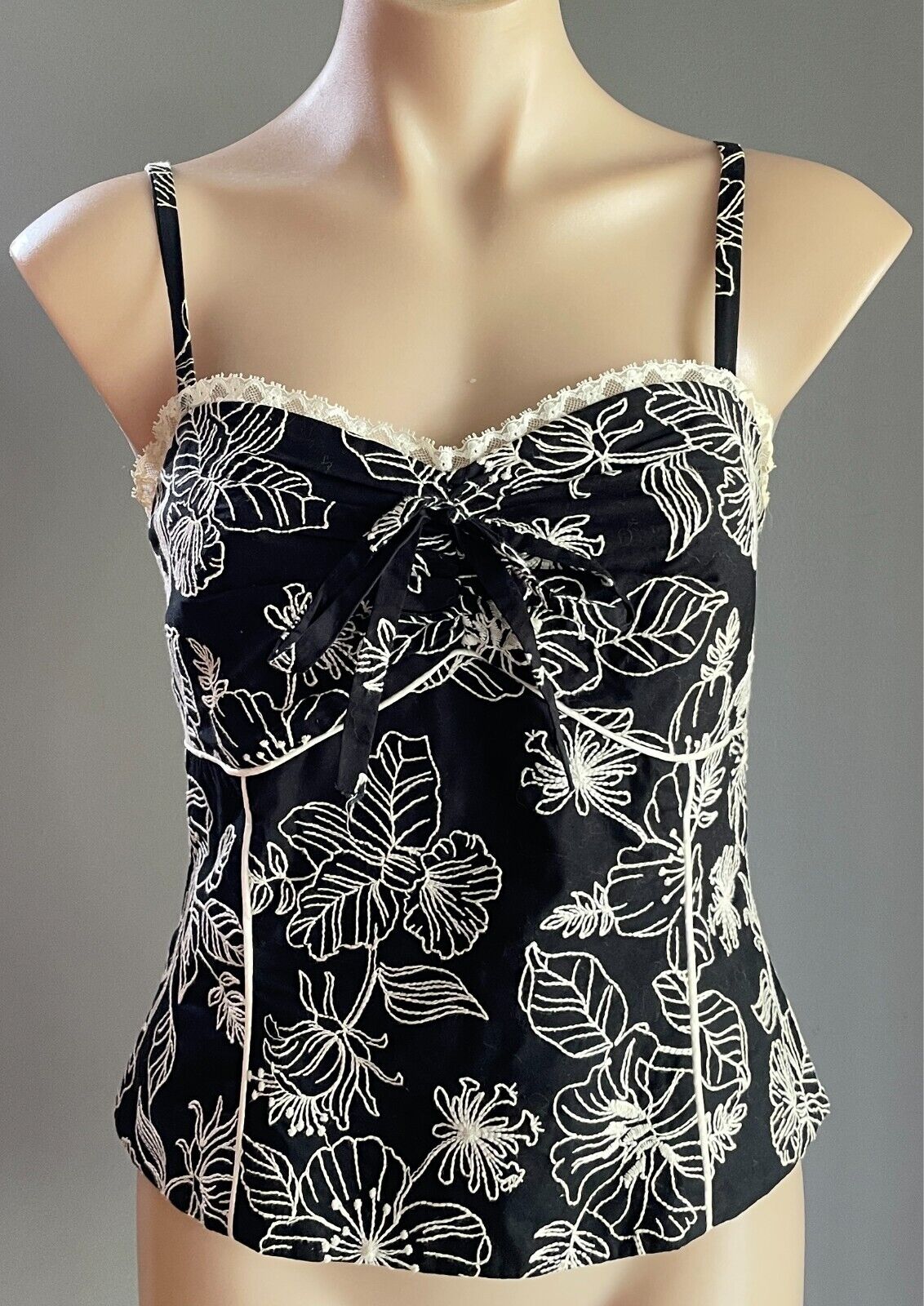 STUDIBAKER Black & White Floral Embroidered Bustier Top Sze 12 Thin Straps Retro