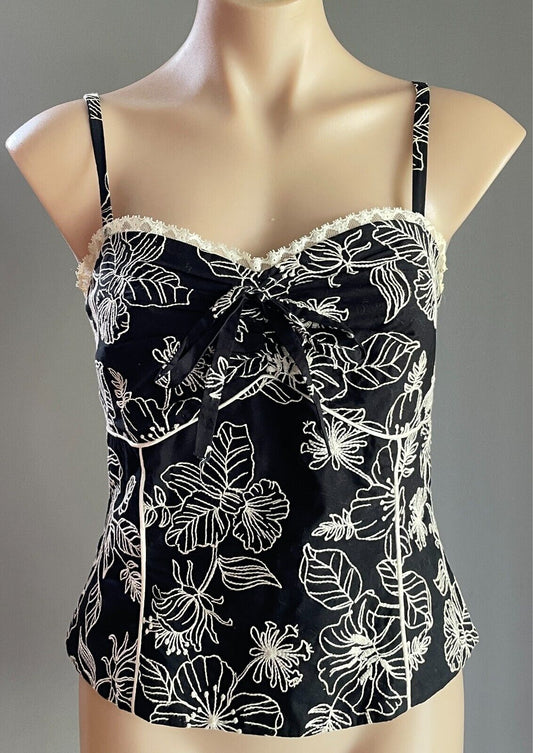 STUDIBAKER Black & White Floral Embroidered Bustier Top Sze 12 Thin Straps Retro