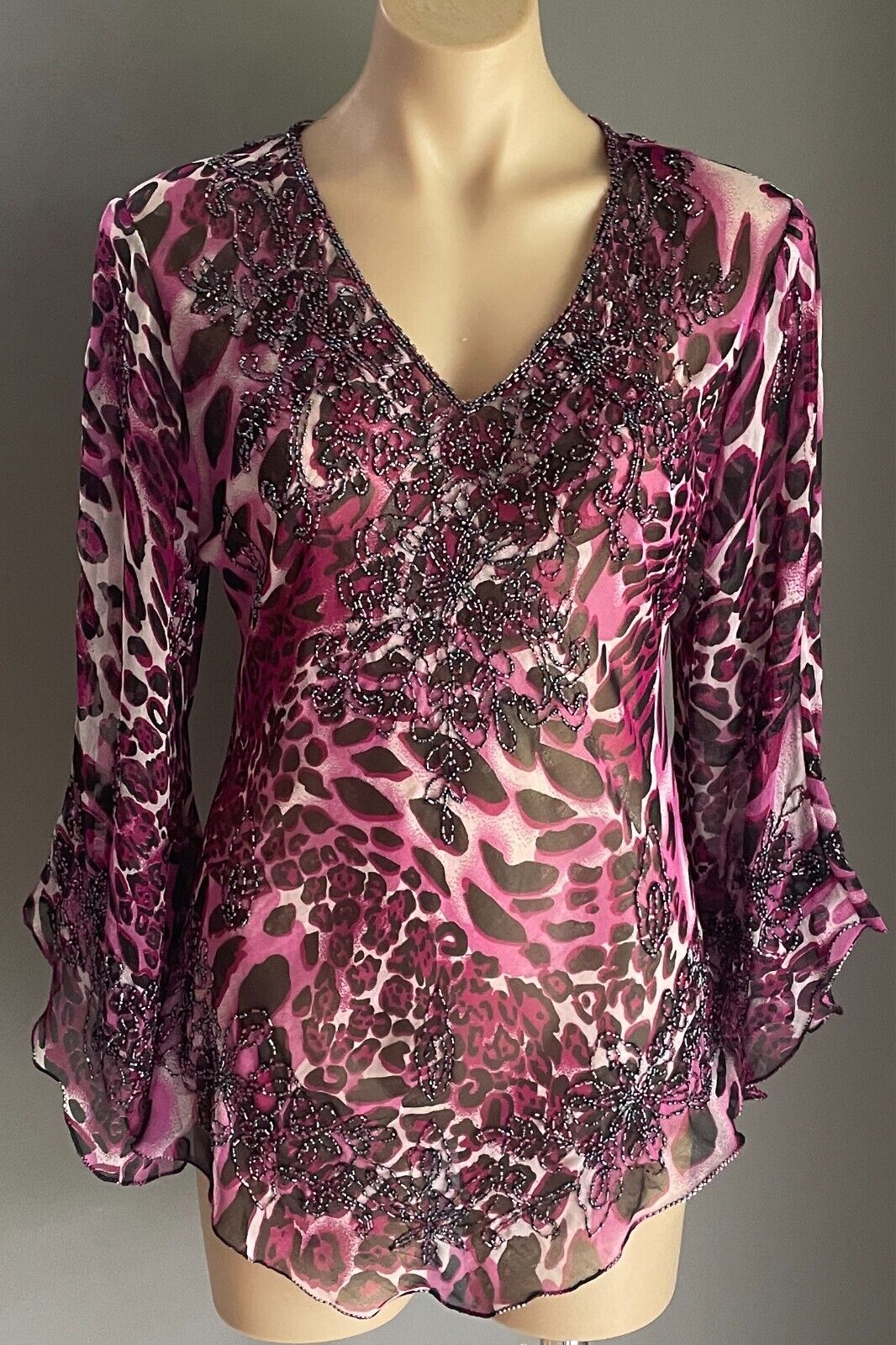 Beaded Top Leopard Print Pink Black Grey Blouse Size 12 Long Trumpet Sleeve