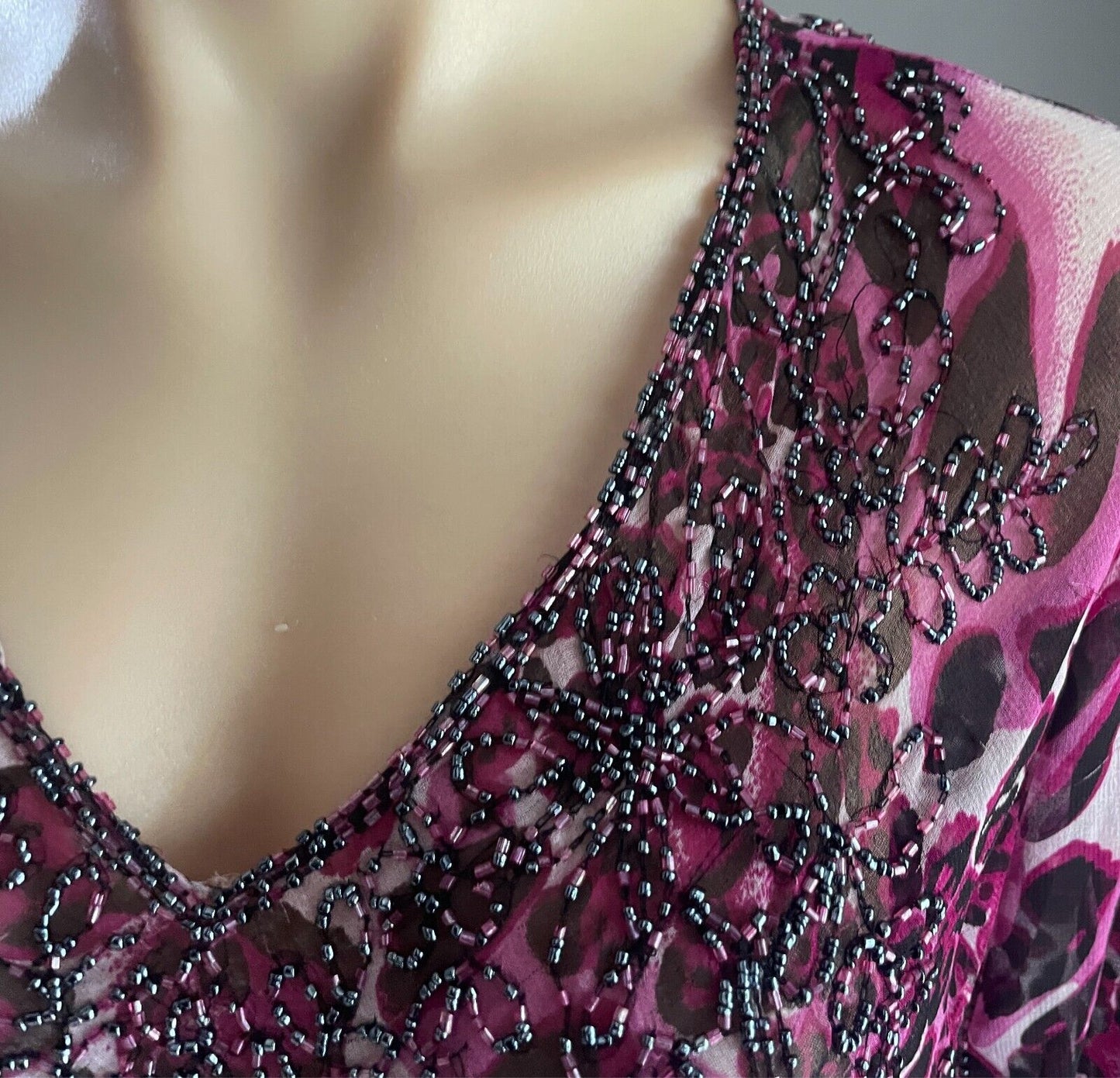 Beaded Top Leopard Print Pink Black Grey Blouse Size 12 Long Trumpet Sleeve