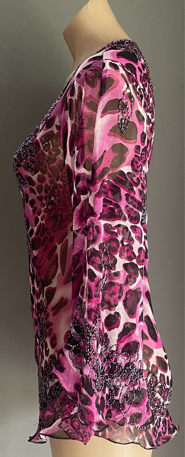 Beaded Top Leopard Print Pink Black Grey Blouse Size 12 Long Trumpet Sleeve