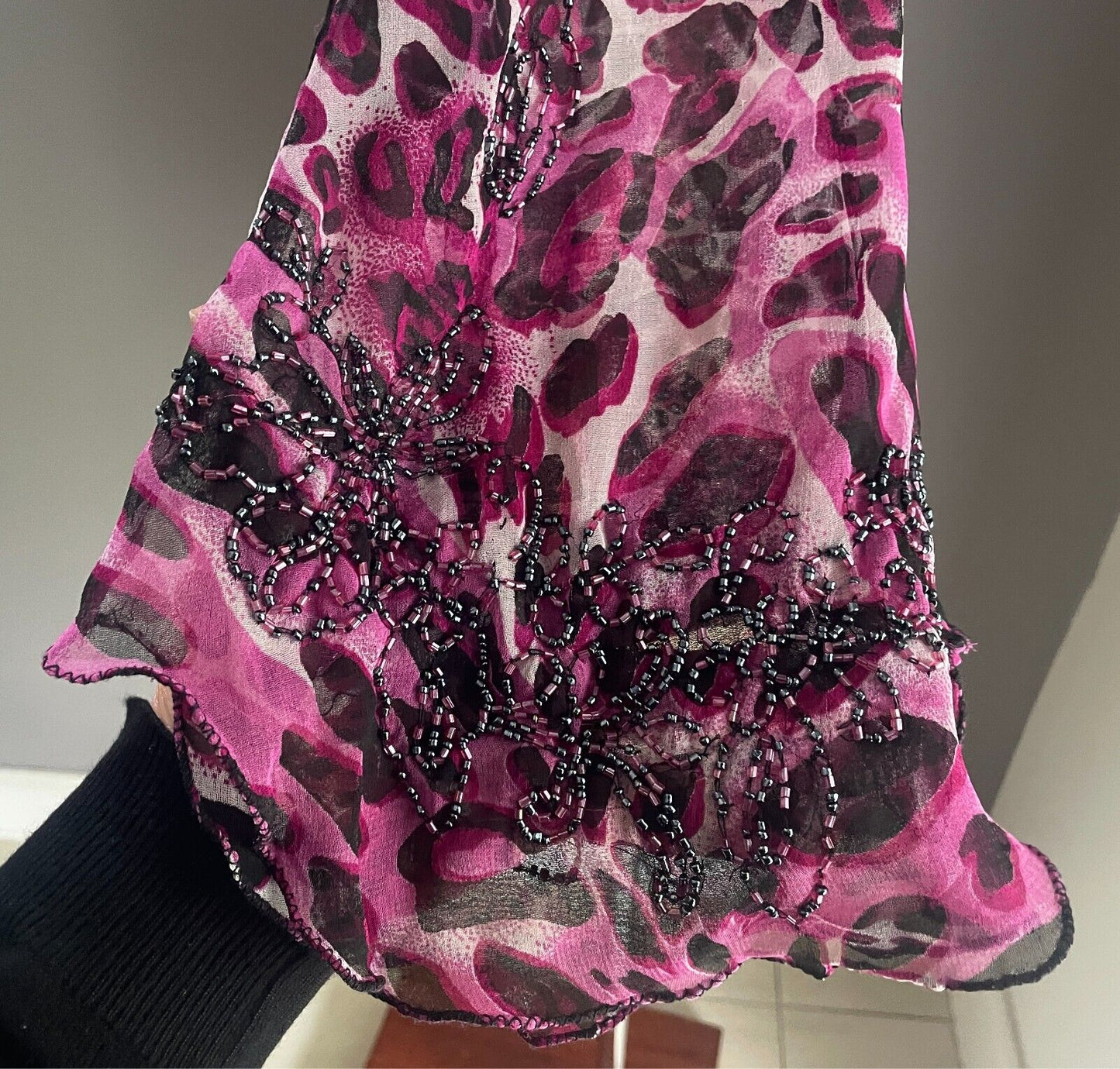 Beaded Top Leopard Print Pink Black Grey Blouse Size 12 Long Trumpet Sleeve