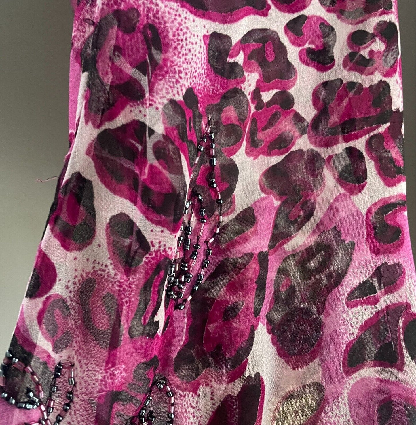 Beaded Top Leopard Print Pink Black Grey Blouse Size 12 Long Trumpet Sleeve