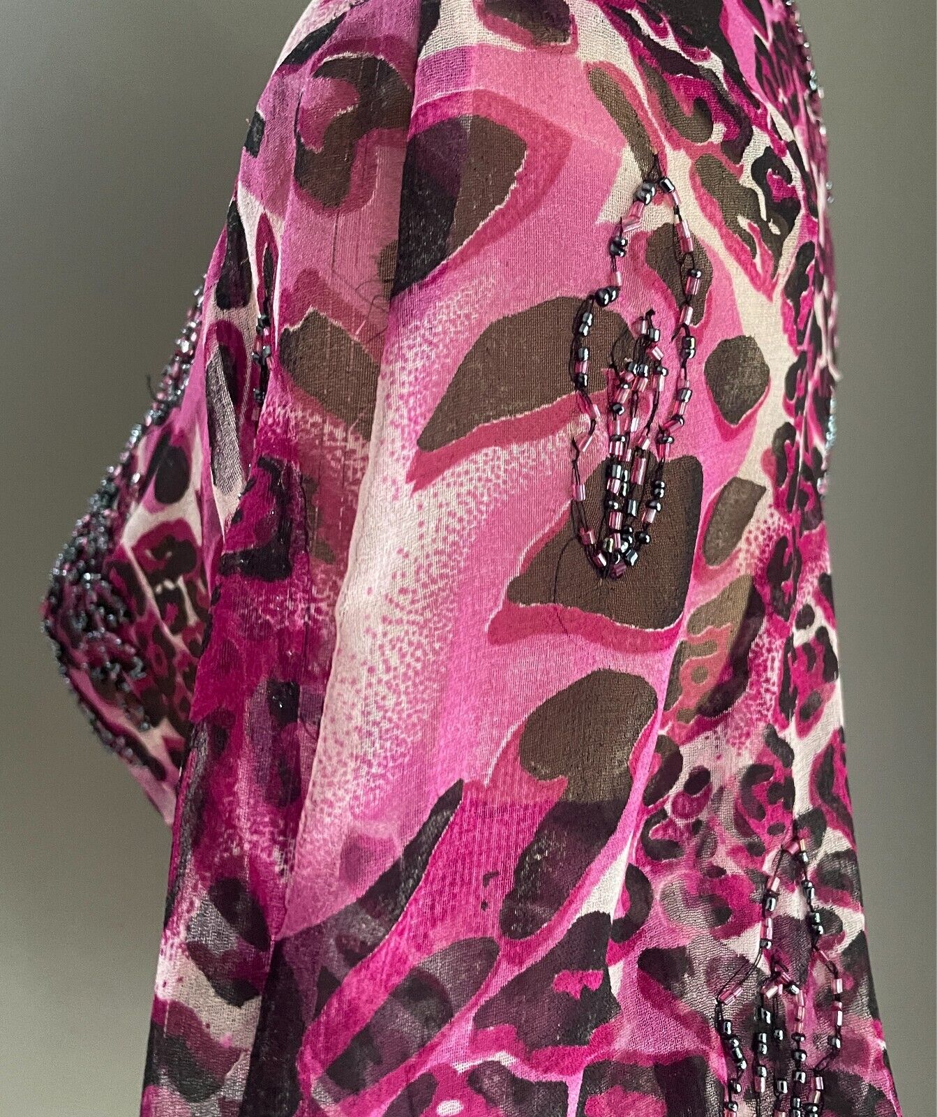 Beaded Top Leopard Print Pink Black Grey Blouse Size 12 Long Trumpet Sleeve