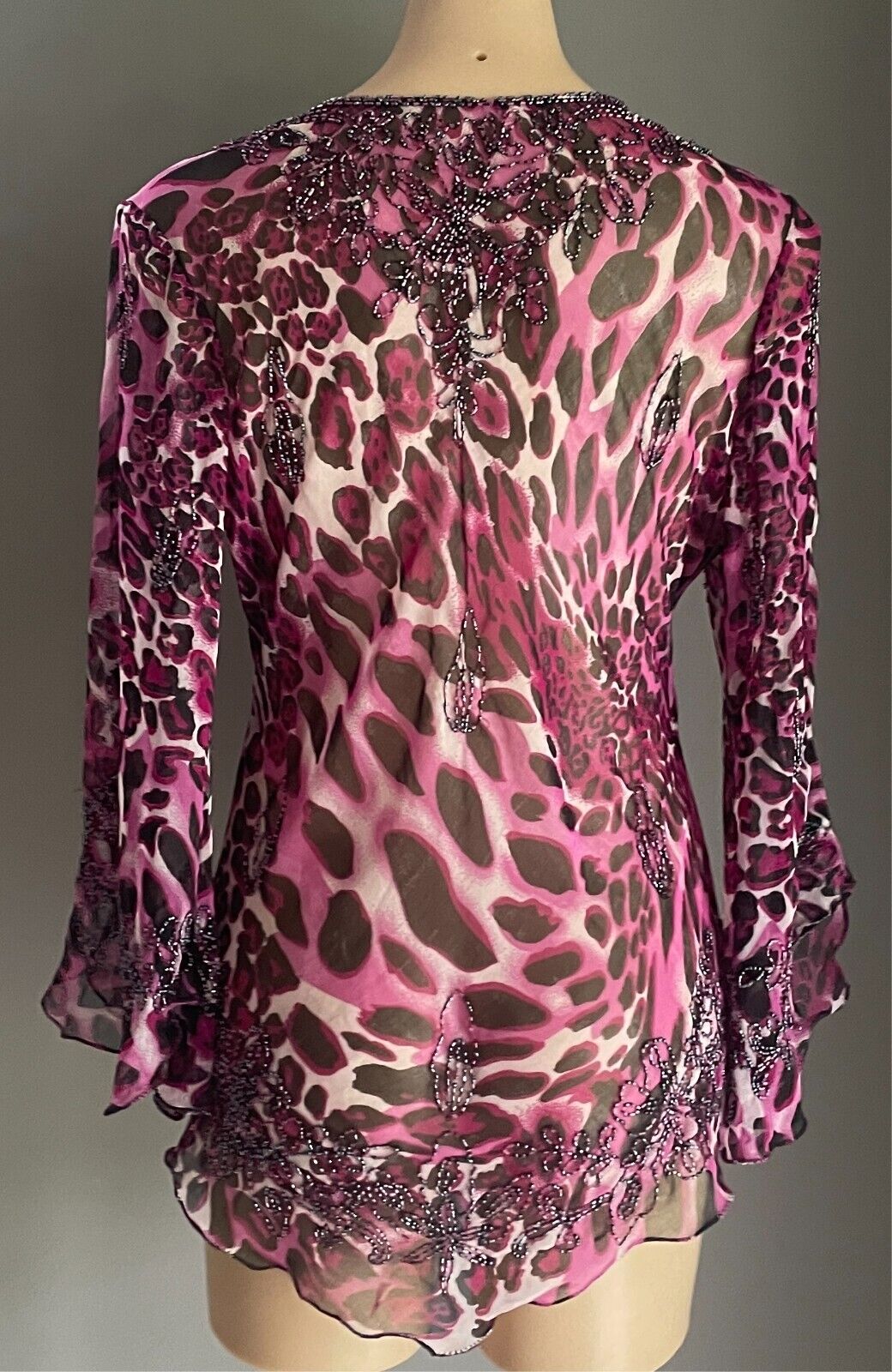 Beaded Top Leopard Print Pink Black Grey Blouse Size 12 Long Trumpet Sleeve