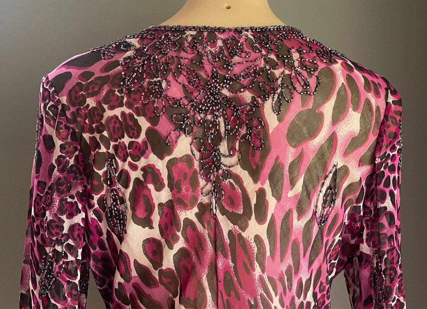 Beaded Top Leopard Print Pink Black Grey Blouse Size 12 Long Trumpet Sleeve