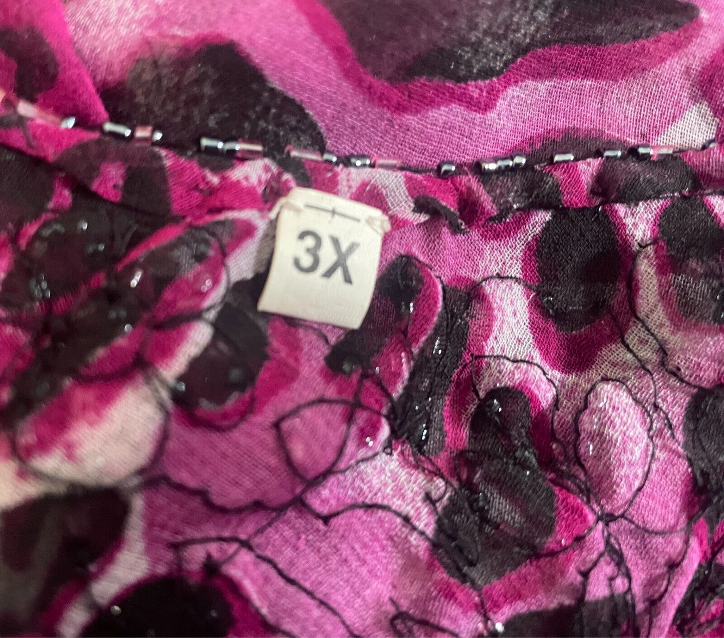 Beaded Top Leopard Print Pink Black Grey Blouse Size 12 Long Trumpet Sleeve