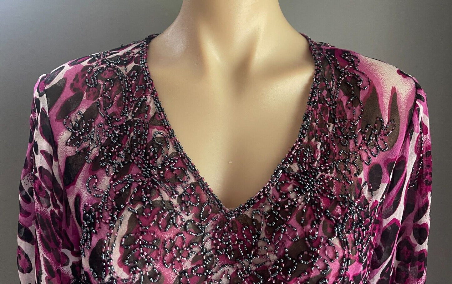 Beaded Top Leopard Print Pink Black Grey Blouse Size 12 Long Trumpet Sleeve