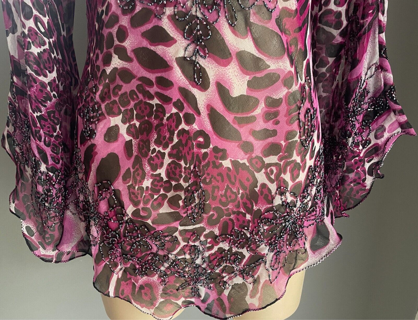 Beaded Top Leopard Print Pink Black Grey Blouse Size 12 Long Trumpet Sleeve