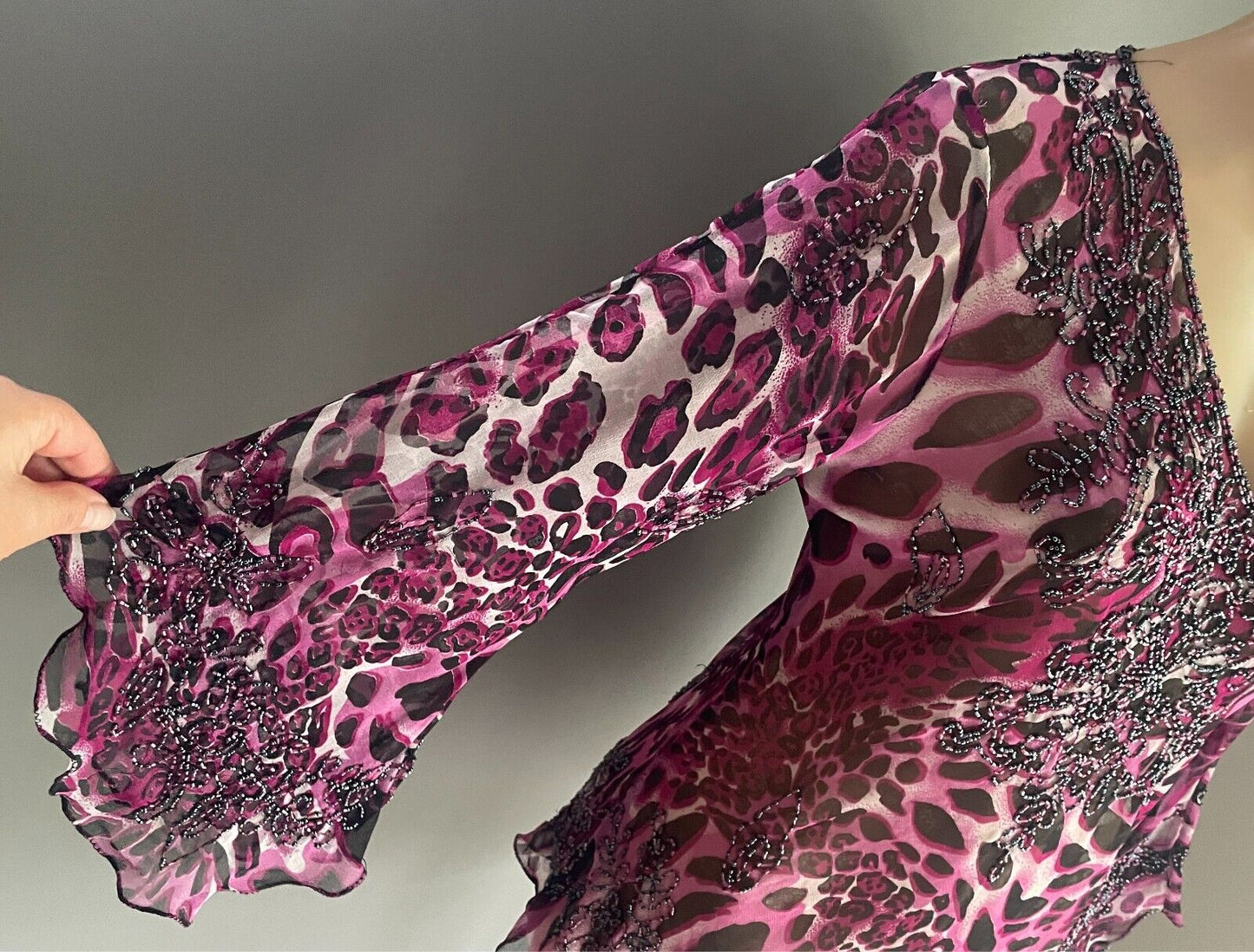 Beaded Top Leopard Print Pink Black Grey Blouse Size 12 Long Trumpet Sleeve