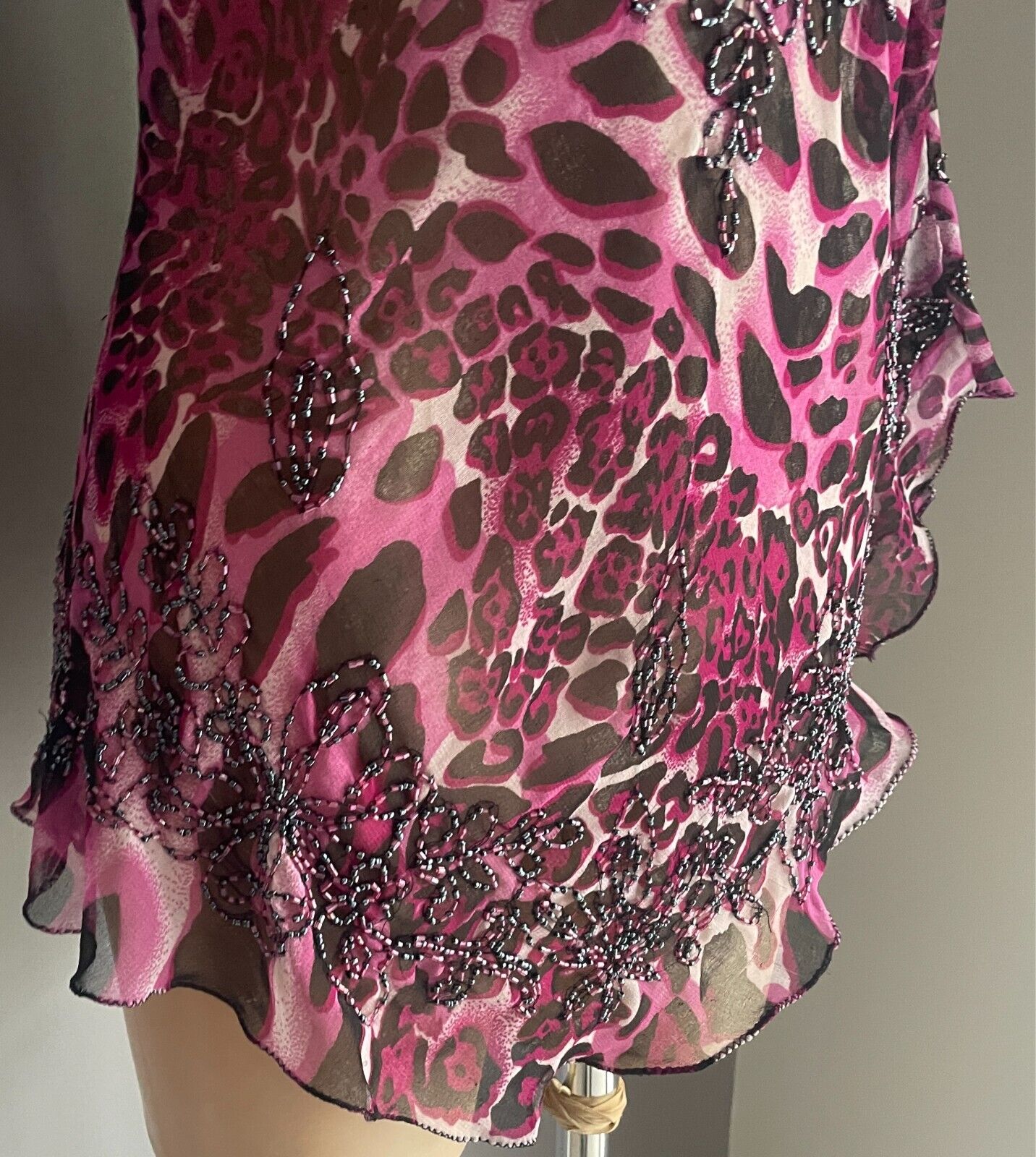 Beaded Top Leopard Print Pink Black Grey Blouse Size 12 Long Trumpet Sleeve
