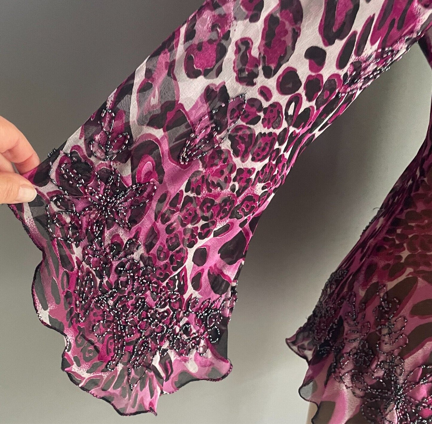 Beaded Top Leopard Print Pink Black Grey Blouse Size 12 Long Trumpet Sleeve