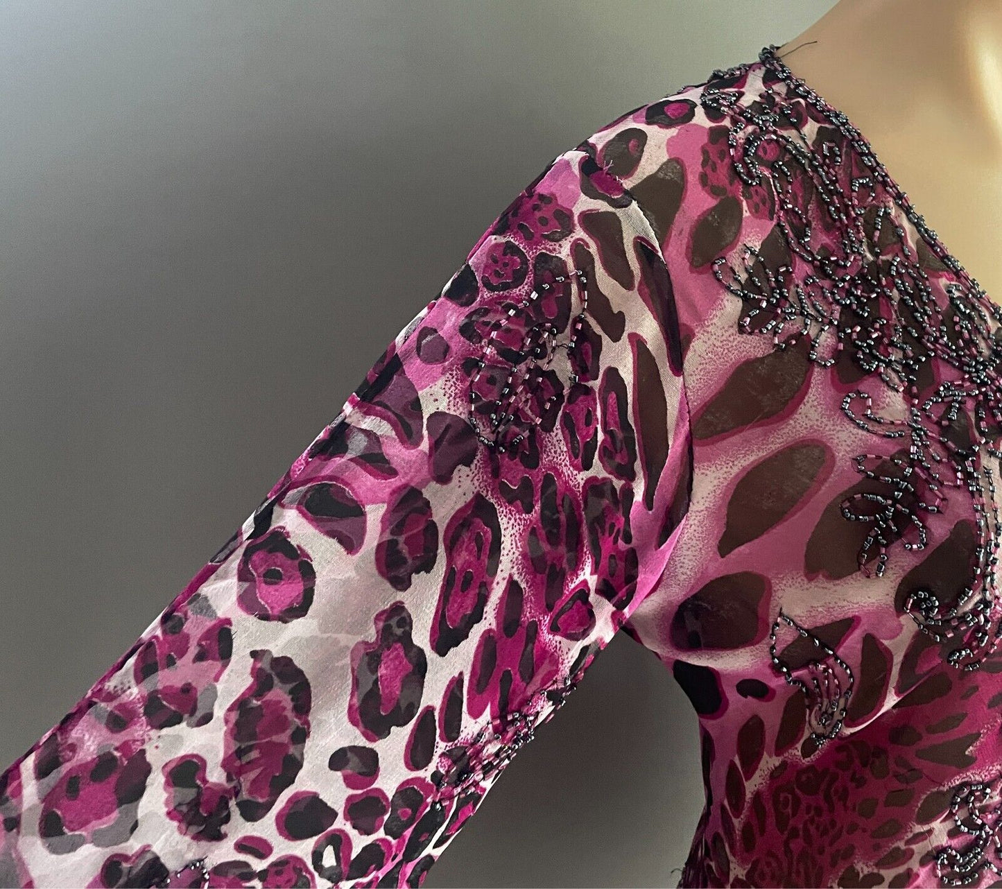 Beaded Top Leopard Print Pink Black Grey Blouse Size 12 Long Trumpet Sleeve