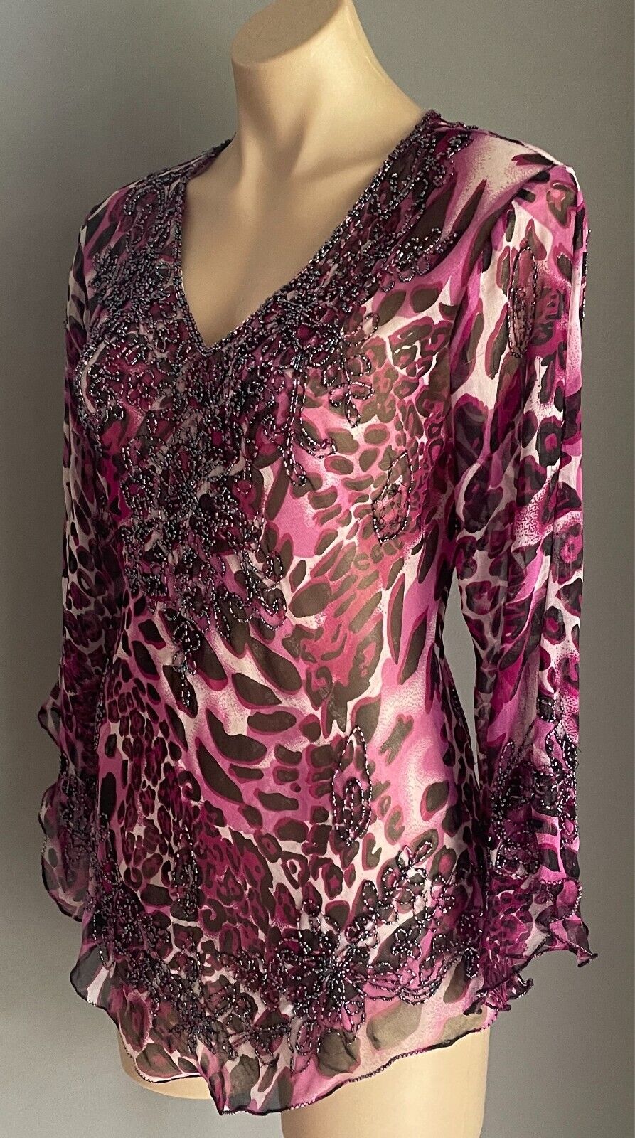 Beaded Top Leopard Print Pink Black Grey Blouse Size 12 Long Trumpet Sleeve