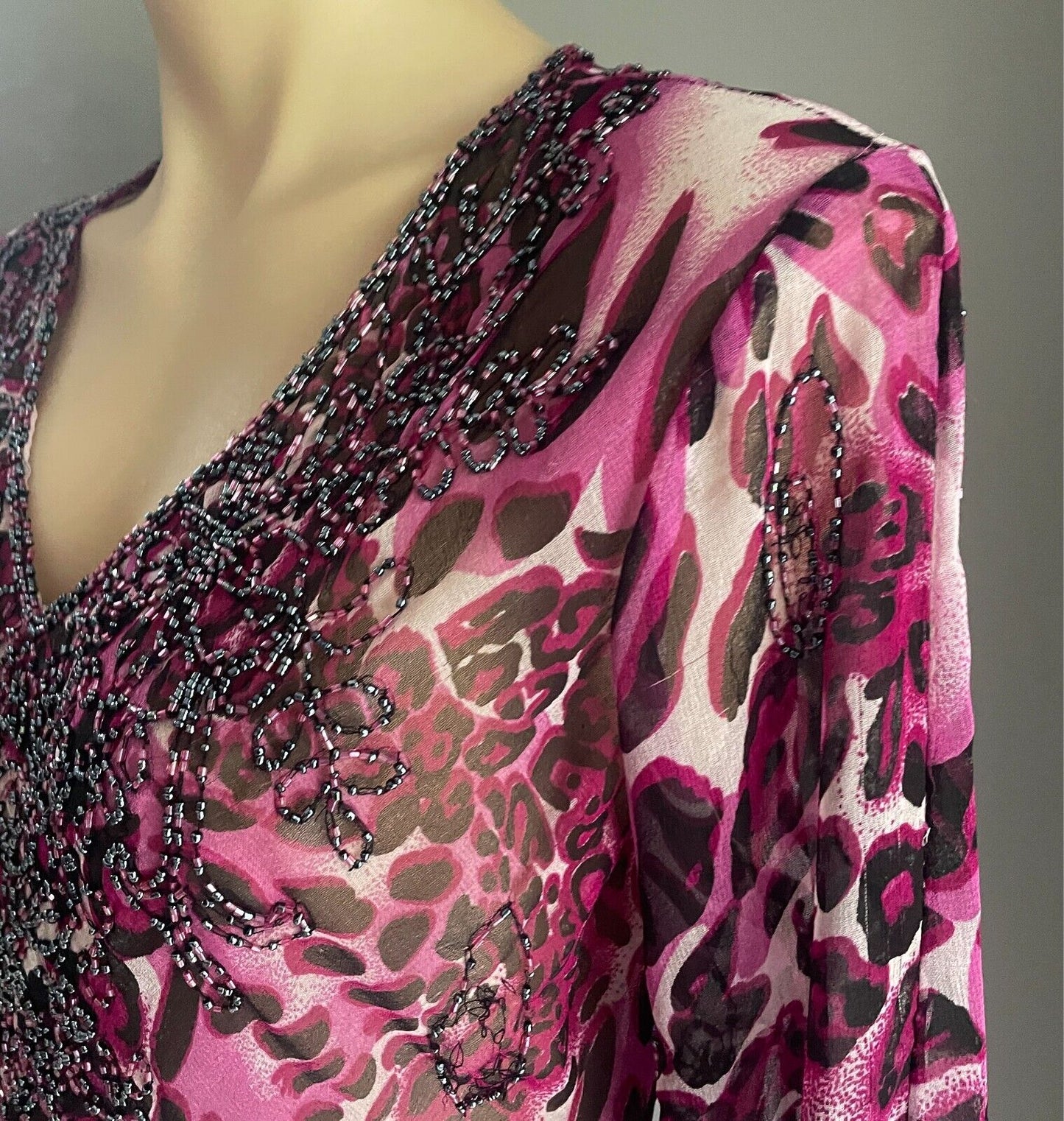 Beaded Top Leopard Print Pink Black Grey Blouse Size 12 Long Trumpet Sleeve