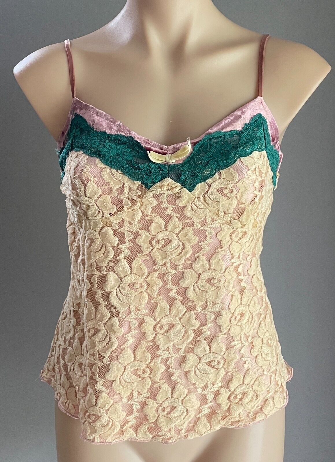 Cami Top Cream Lace Pink Velour & Green Lace Trim Size S 10 Adjustable Straps