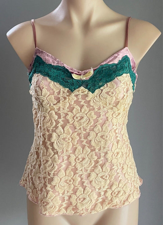 Cami Top Cream Lace Pink Velour & Green Lace Trim Size S 10 Adjustable Straps