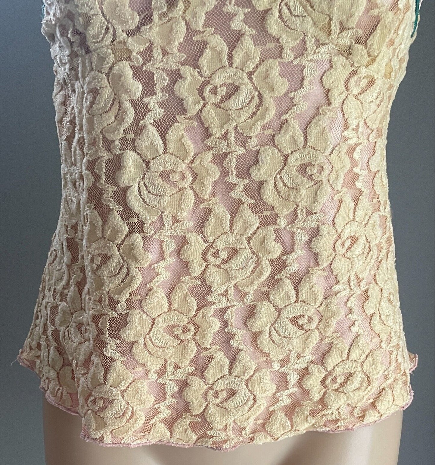 Cami Top Cream Lace Pink Velour & Green Lace Trim Size S 10 Adjustable Straps