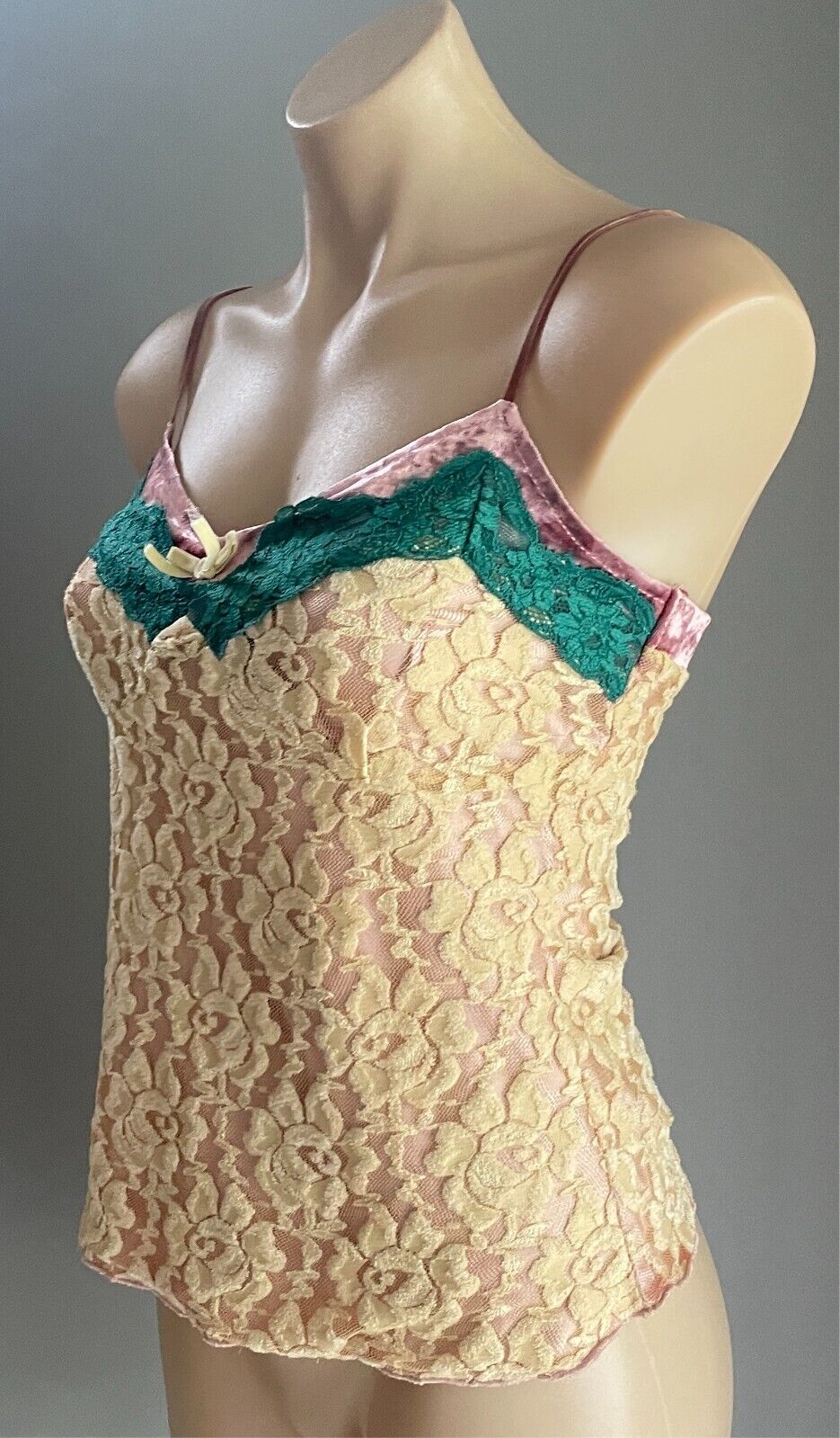 Cami Top Cream Lace Pink Velour & Green Lace Trim Size S 10 Adjustable Straps