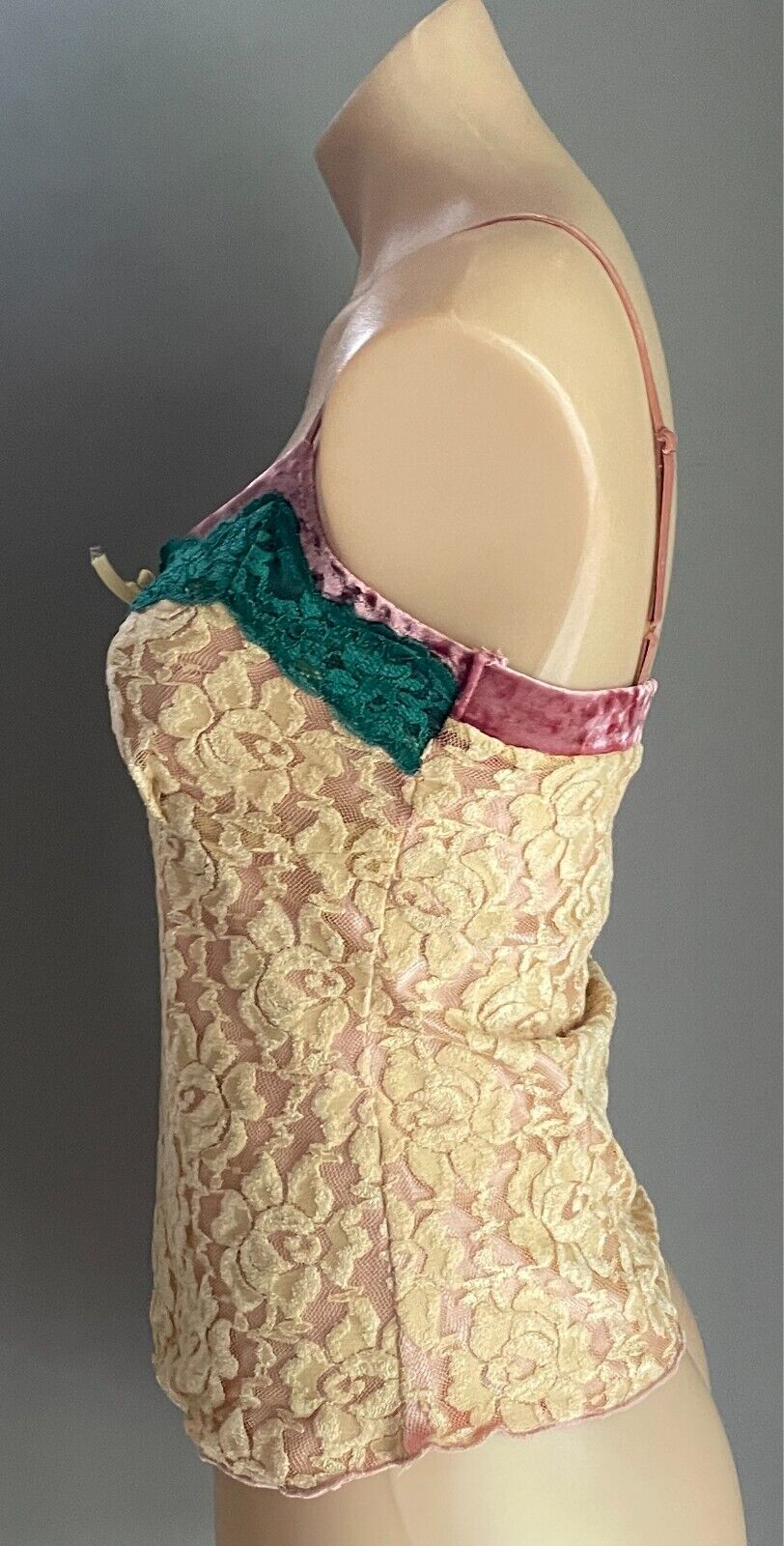 Cami Top Cream Lace Pink Velour & Green Lace Trim Size S 10 Adjustable Straps