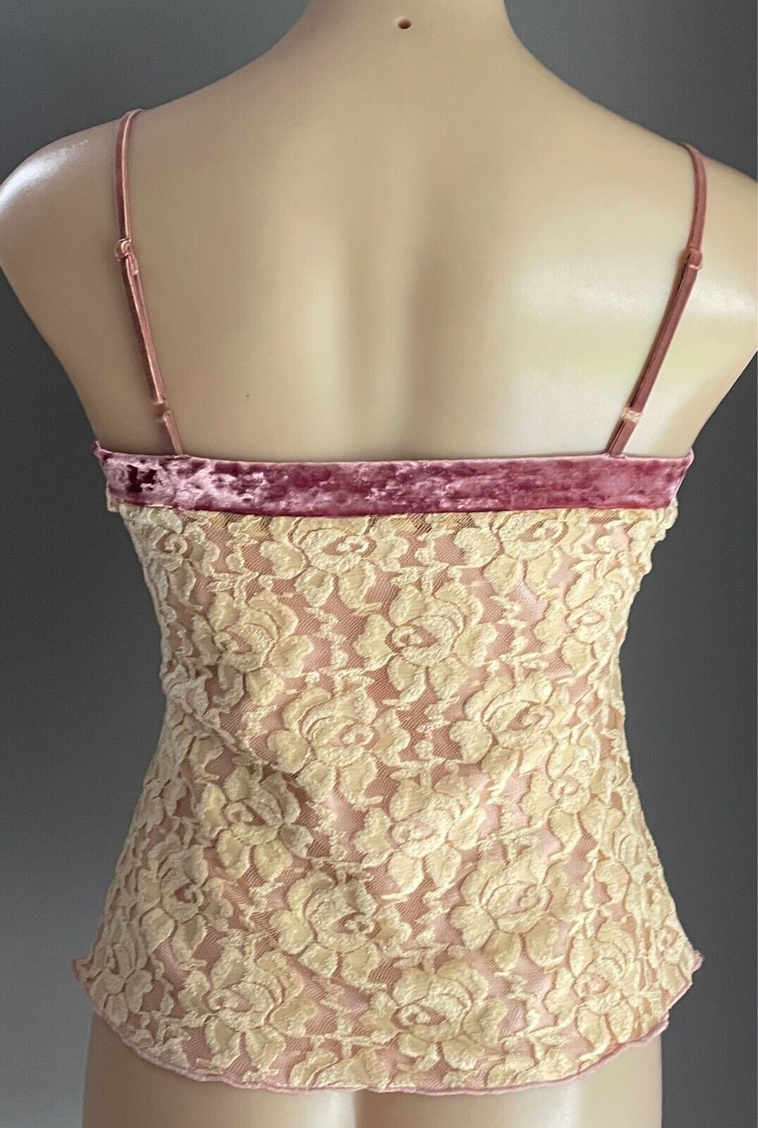Cami Top Cream Lace Pink Velour & Green Lace Trim Size S 10 Adjustable Straps