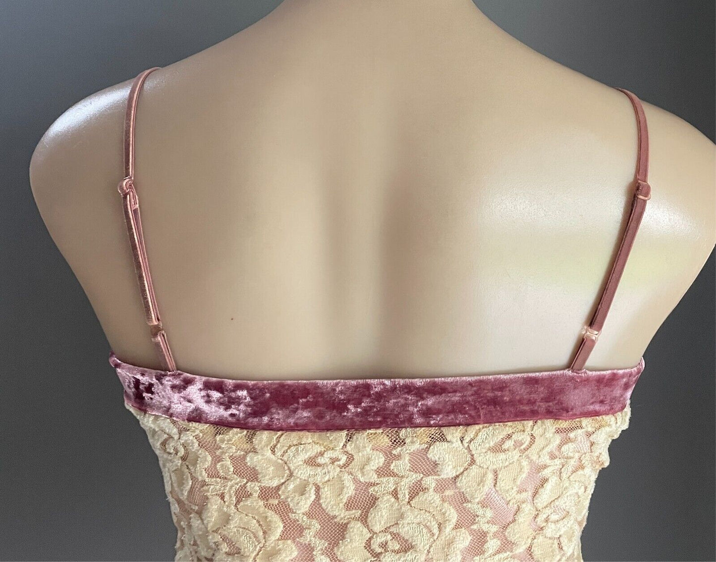 Cami Top Cream Lace Pink Velour & Green Lace Trim Size S 10 Adjustable Straps
