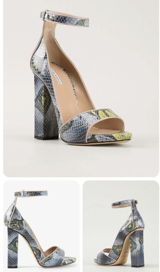 GIORGIO ARMANI Blue Ecru Snake Print Open Toe Ankle Strap High Sandals Sz 38 NEW