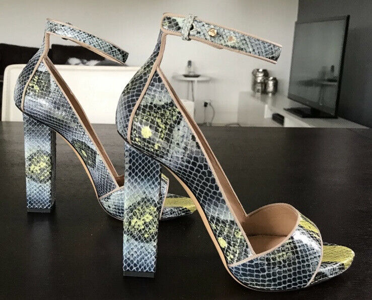 GIORGIO ARMANI Blue Ecru Snake Print Open Toe Ankle Strap High Sandals Sz 38 NEW