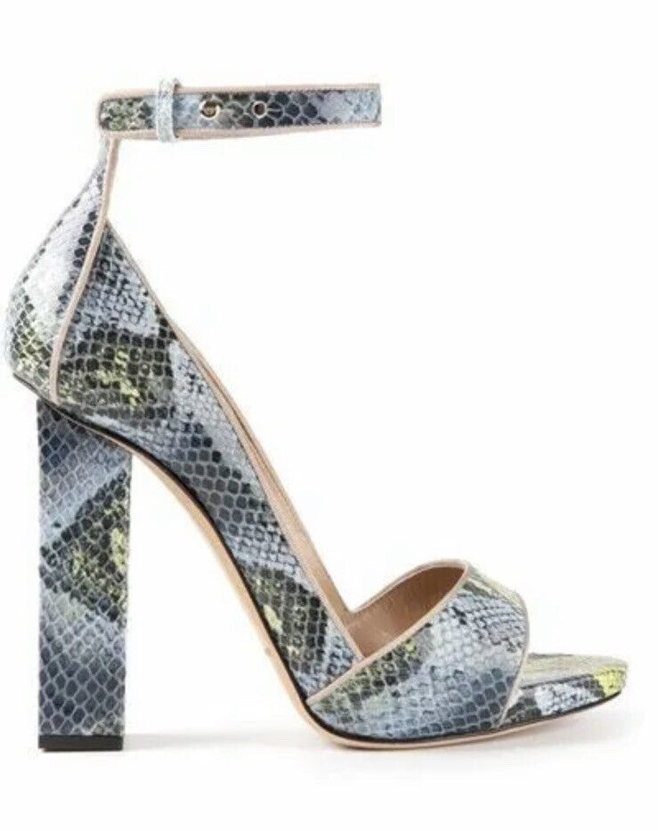 GIORGIO ARMANI Blue Ecru Snake Print Open Toe Ankle Strap High Sandals Sz 38 NEW