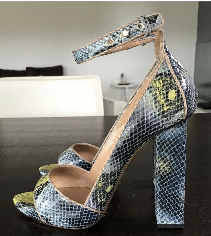 GIORGIO ARMANI Blue Ecru Snake Print Open Toe Ankle Strap High Sandals Sz 38 NEW
