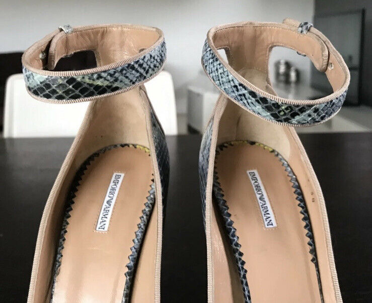 GIORGIO ARMANI Blue Ecru Snake Print Open Toe Ankle Strap High Sandals Sz 38 NEW