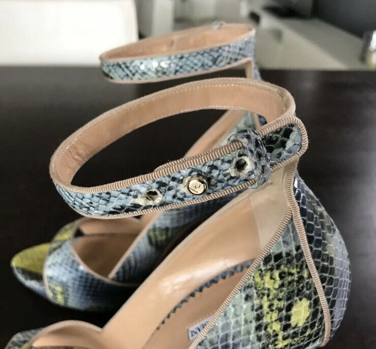 GIORGIO ARMANI Blue Ecru Snake Print Open Toe Ankle Strap High Sandals Sz 38 NEW