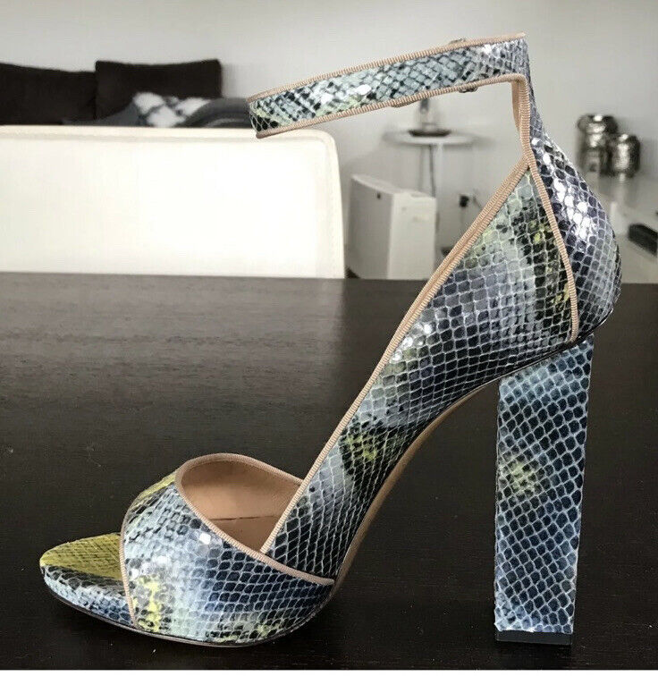 GIORGIO ARMANI Blue Ecru Snake Print Open Toe Ankle Strap High Sandals Sz 38 NEW