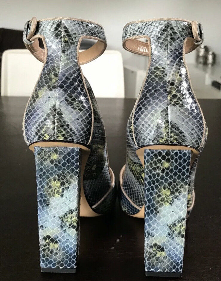 GIORGIO ARMANI Blue Ecru Snake Print Open Toe Ankle Strap High Sandals Sz 38 NEW