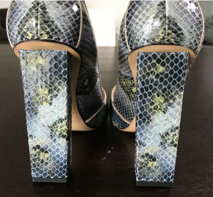 GIORGIO ARMANI Blue Ecru Snake Print Open Toe Ankle Strap High Sandals Sz 38 NEW