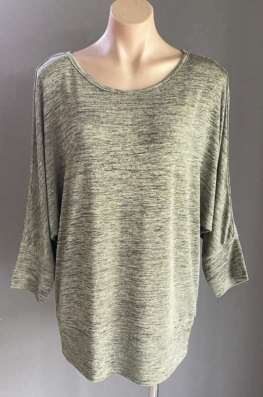 W LANE Top Chartreuse & Black Marl Slinky Style Size L 14 3/4 Dolman Sleeves