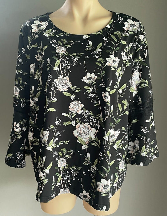 W LANE Top Black Multi Floral Stretch w Trumpet Lace Trim 3/4 Sleeves Size XL