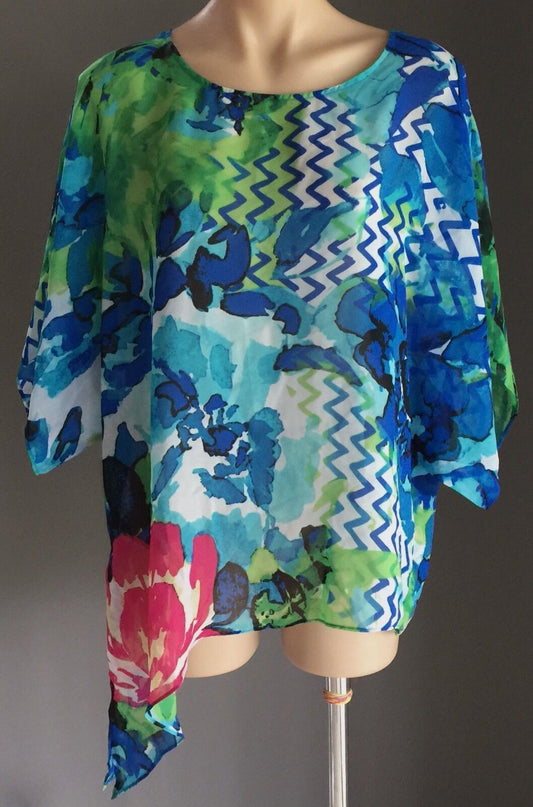 W LANE Kaftan Sheer Top Bright Colourful Floral Beach Cover Pool Size L 12 NEW