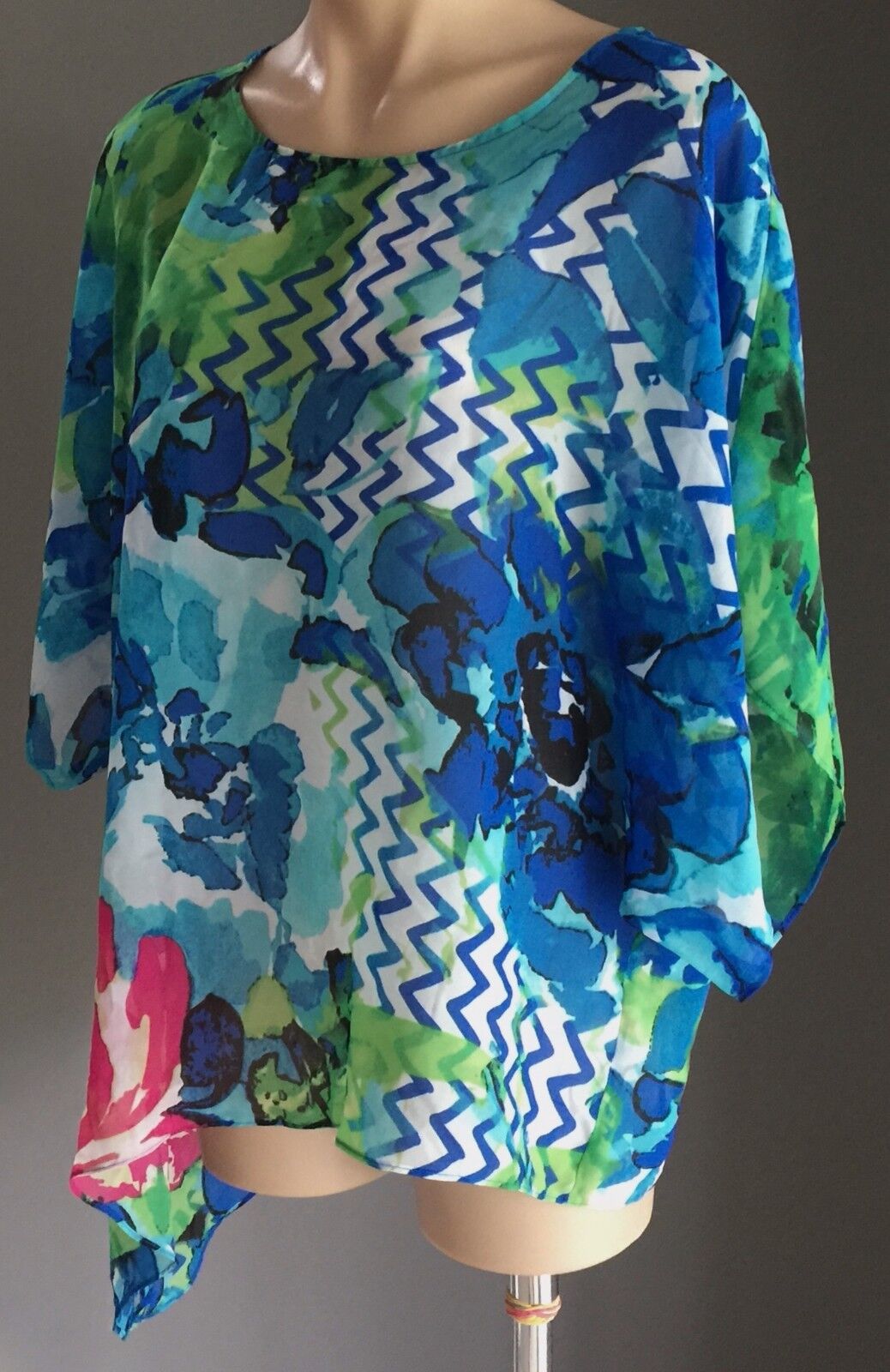 W LANE Kaftan Sheer Top Bright Colourful Floral Beach Cover Pool Size L 12 NEW