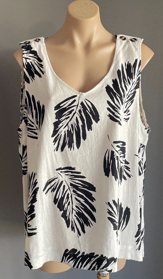 W LANE White Linen Top Blouse Black Fern Size 16 Sleeveless Button Trim NEW