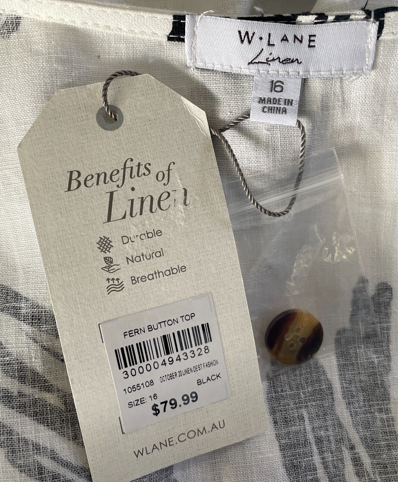W LANE White Linen Top Blouse Black Fern Size 16 Sleeveless Button Trim NEW