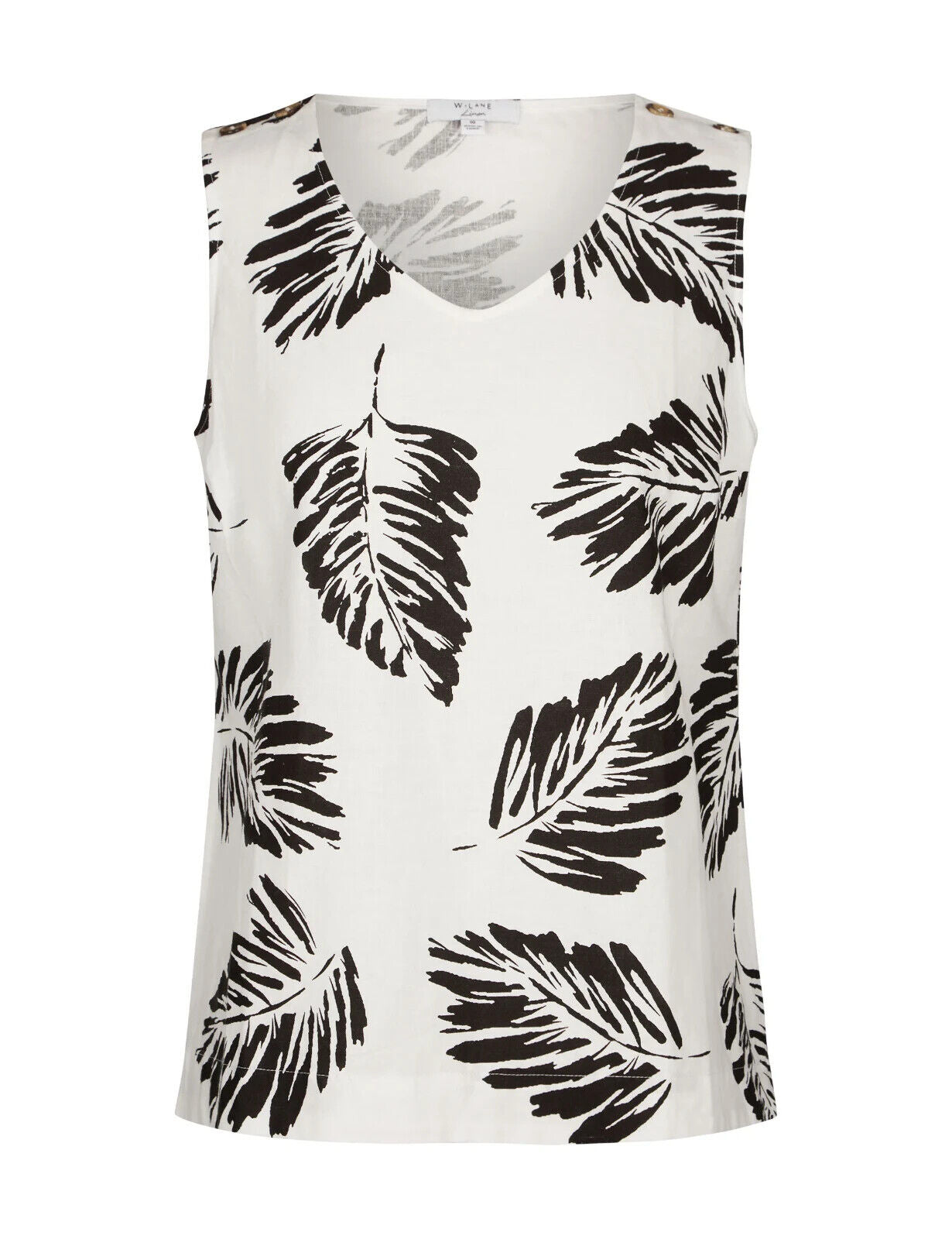 W LANE White Linen Top Blouse Black Fern Size 16 Sleeveless Button Trim NEW