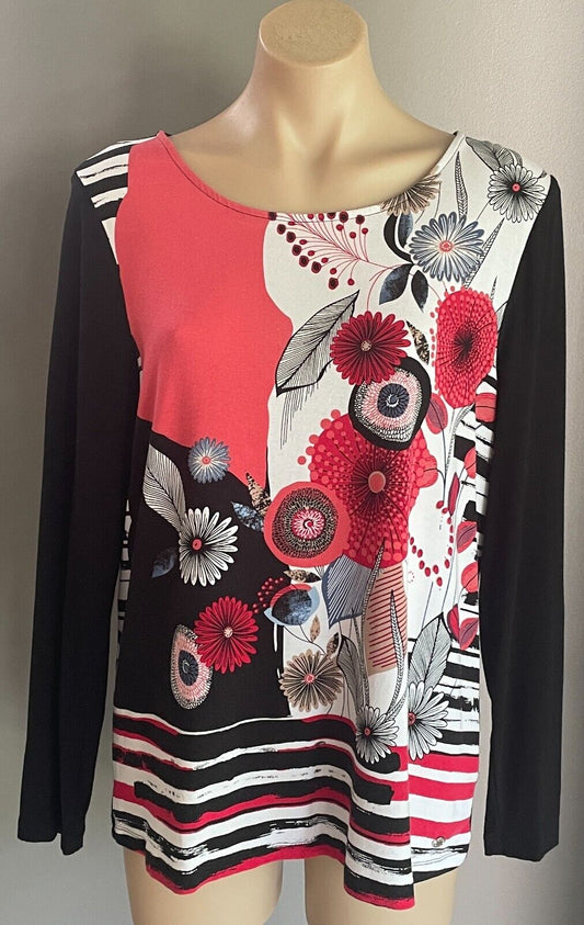 W LANE Top Long Sleeve Stretch Floral Black White Coral\ Red Blue Size M 12