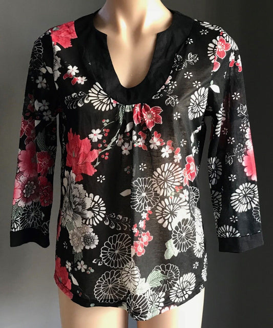 W LANE Top MultiColoured Floral Semi Sheer 3/4 Sleeve Blouse Ladies Size S 10