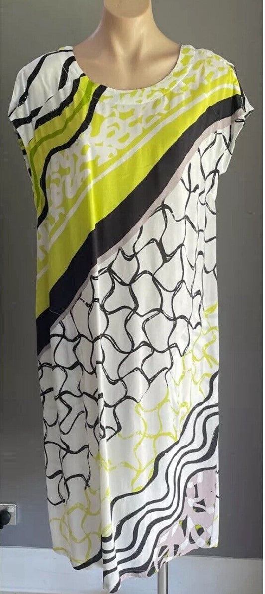 W LANE Midi Dress White Black Taupe Neon Abstract Print Cap Sleeve Shift Size 16