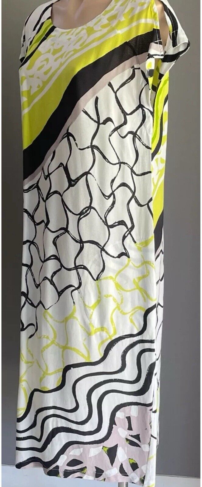 W LANE Midi Dress White Black Taupe Neon Abstract Print Cap Sleeve Shift Size 16