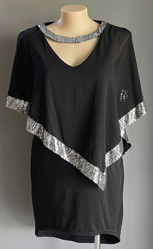 KIVENST HIGH FASHION Dress Black Sheath Chiffon Sequin Trim Overlay Size 4XL