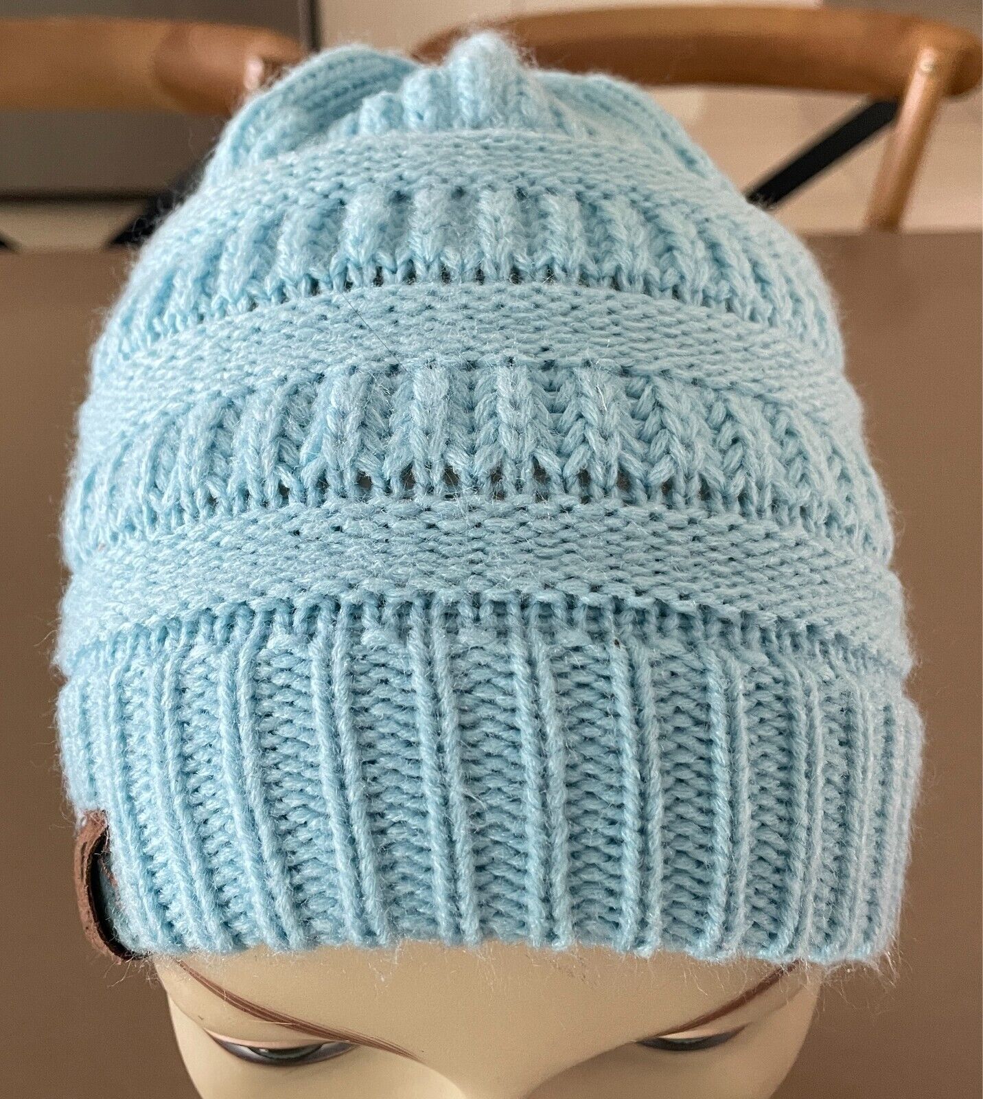 Light Blue Decorative Knit Stitch Ponytail Beanie Size 57cm Acrylic AU PREM